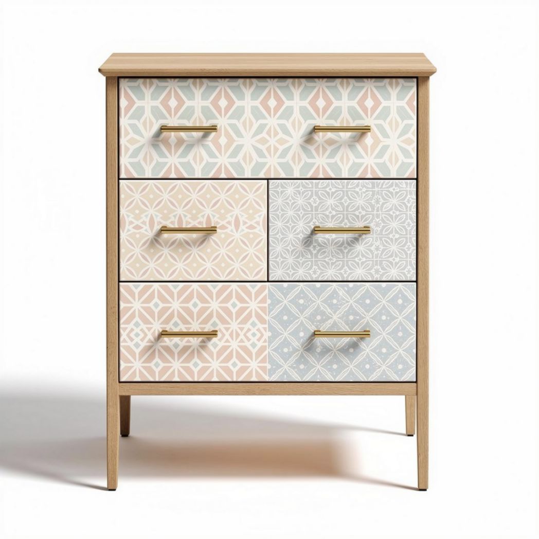 Wooden chest of drawers with geometric patterns in pastel colors 60 x 40 x 80cm