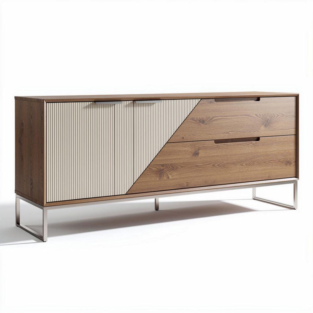 Wooden sideboard with two drawers and cabinet in brown and beige finish 150 x 40 x 75cm