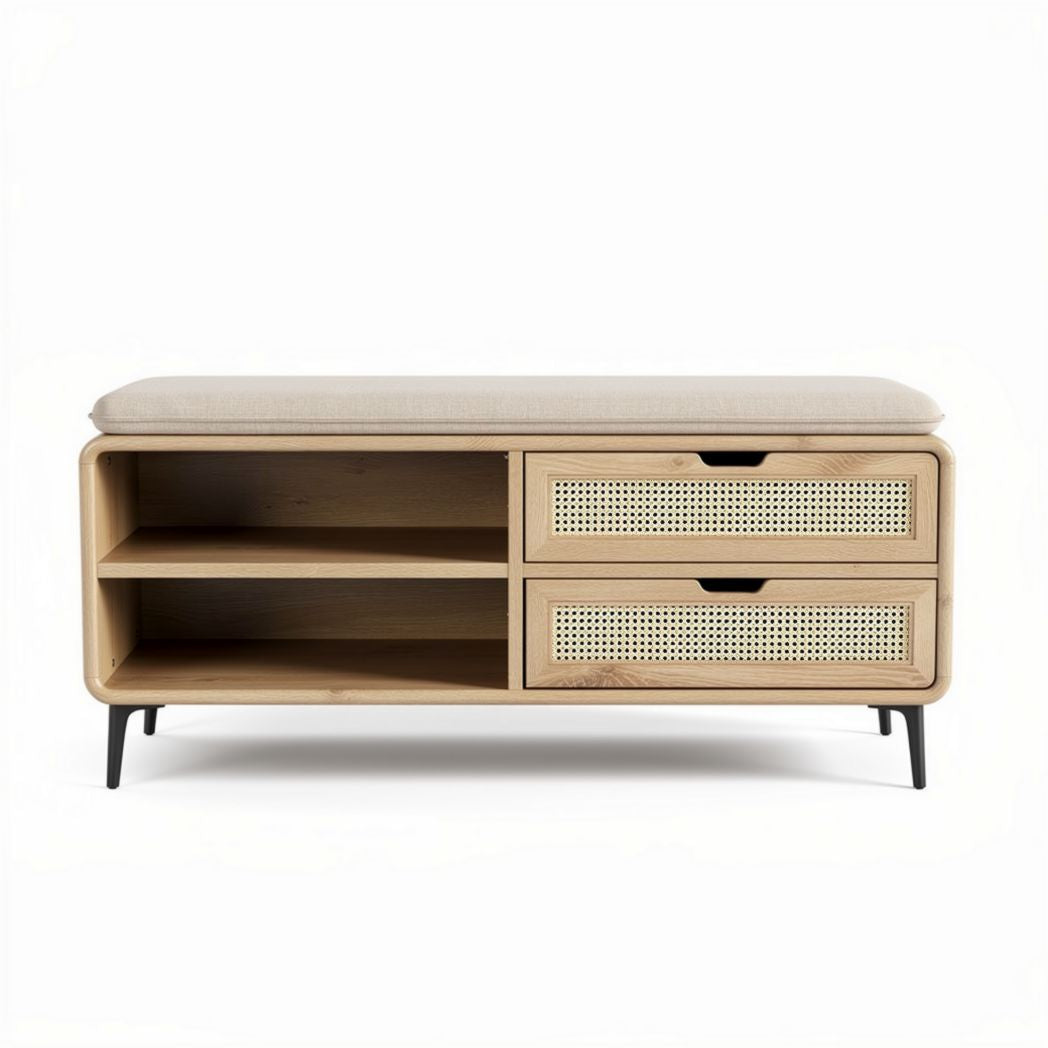 Wooden storage bench with two drawers and open shelving 120 x 40 x 45cm