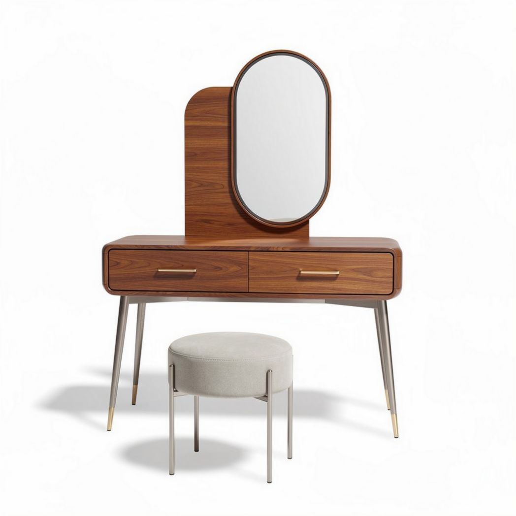 Wooden vanity set with oval mirror and upholstered stool 120 x 40 x 75cm