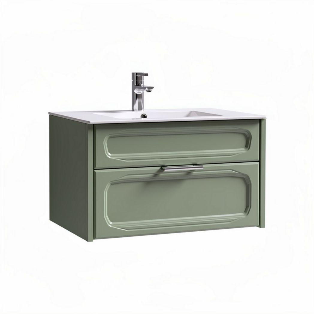 Green bathroom vanity cabinet with two drawers and ceramic sink 60 x 45 x 30cm