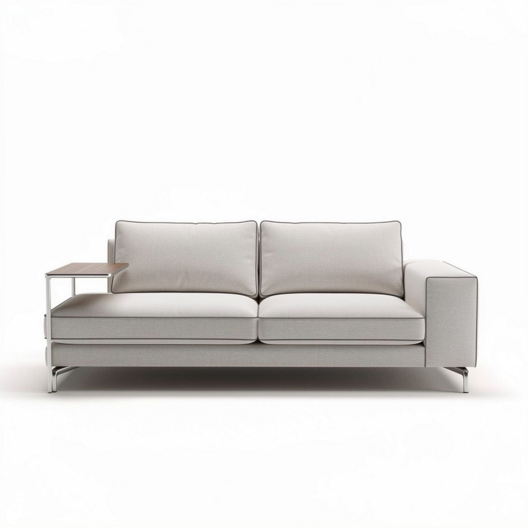 Sofa with left armrest and integrated side table in light gray fabric 200 x 90 x 85cm