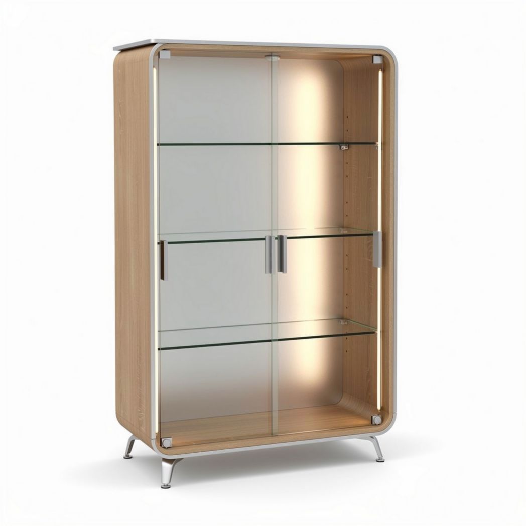 Glass display cabinet with wooden frame and stainless steel accents 80 x 40 x 180cm