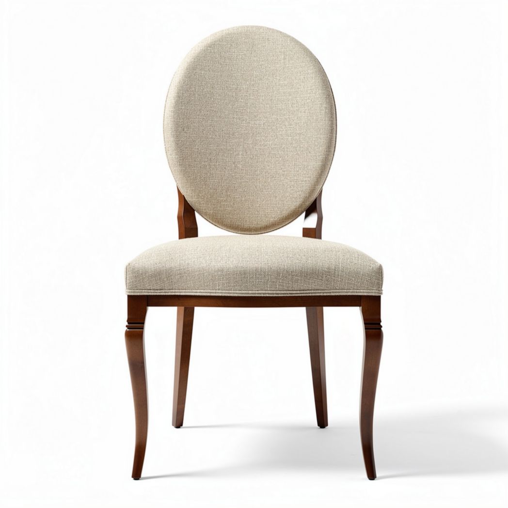 Oval upholstered dining chair in beige fabric with wooden legs 45 x 50 x 90cm